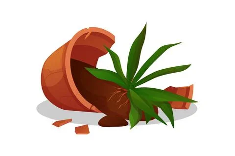 Broken ceramic pot with flower pot on the floor. Broken flower pot into pieces. Stock Illustration