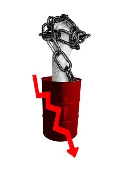 Broken chain with downward arrow in red pot symbolizing decline 스톡 사진