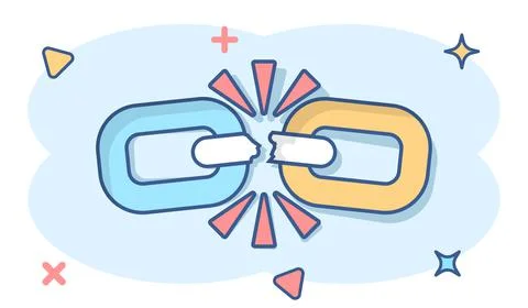 Broken chain sign icon in comic style. Disconnect link vector cartoon illustr 스톡 일러스트