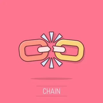 Broken chain sign icon in comic style. Disconnect link vector cartoon illus.. Stock Illustration