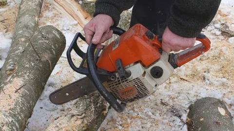 Broken Chainsaw Cutting Wood Stock Footage 87697908