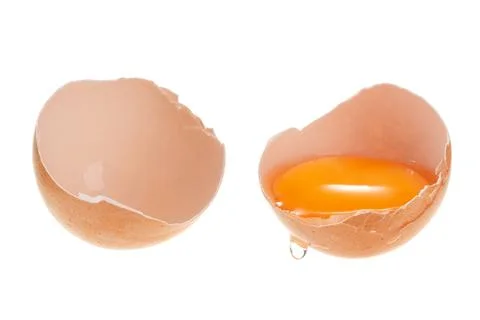 Broken chicken egg isolated on white background. Stock Photos