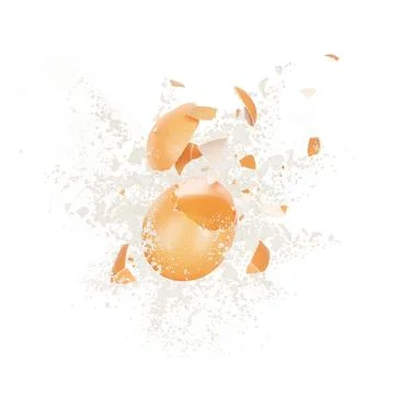 Broken chicken egg with a splash of flour, hanging in the air on a white ba.. Stock Photos