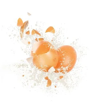 Broken chicken egg with a splash of flour on a white background Stock Photos