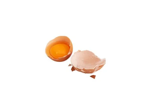 Broken chicken egg on a white background. Stock Photos