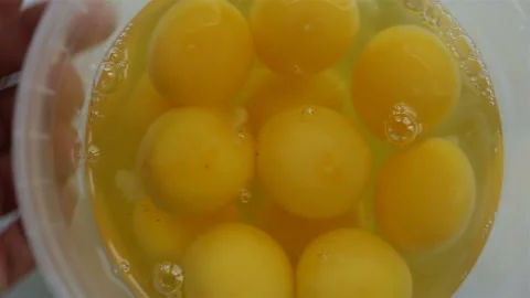 Broken chicken eggs close-up. The hand rotates the container. Real time, contain Stock Footage 142241552
