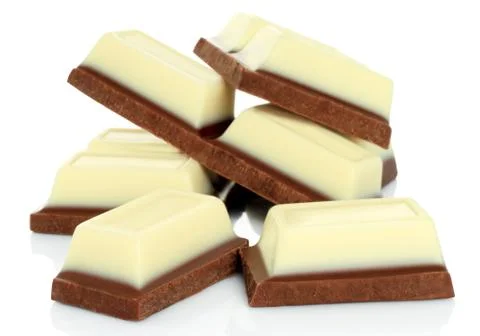 Broken chocolate bars on white background Foto stock