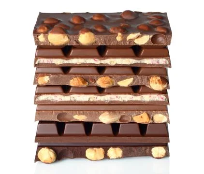 Broken chocolate bars on white background Stock Photos