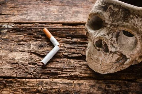 Broken cigarette and ashtray in the form of the skull - smoking kills concept Stock Photos