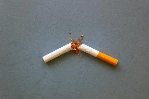 Broken cigarette on a gray background. The concept of quitting tobacco Foto stock