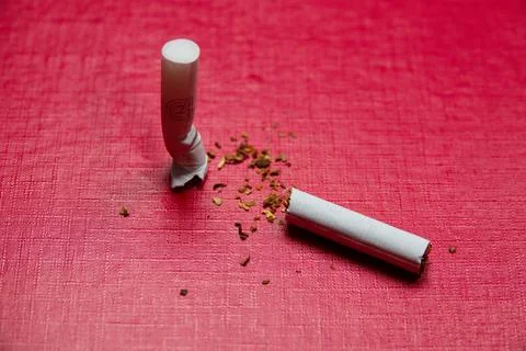 Broken cigarette on a red background. Stock Photos