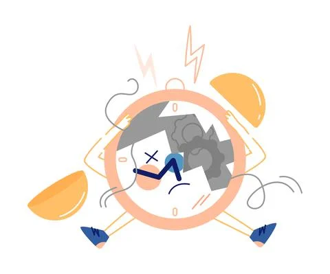 Broken Clock Character Sitting with Sad Face Vector Illustration 스톡 일러스트