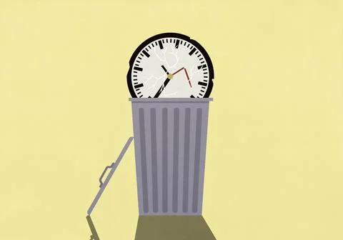 Broken clock in garbage can on yellow background Stock Illustration