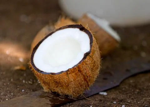 Broken coconut in closeup Stock Photos