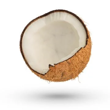 Broken coconut on a white isolated background. Half of a coconut, flesh side up Stock Photos