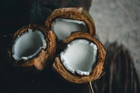 Broken coconuts on a wooden table with palm leaves Stock Photos