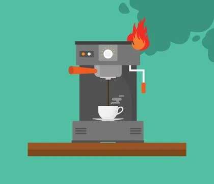 Broken coffee machine with smoke and fire 스톡 일러스트