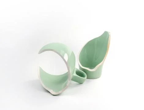 Broken coffee mug on white background, broken cup pieces, Broken relationship Stock Photos