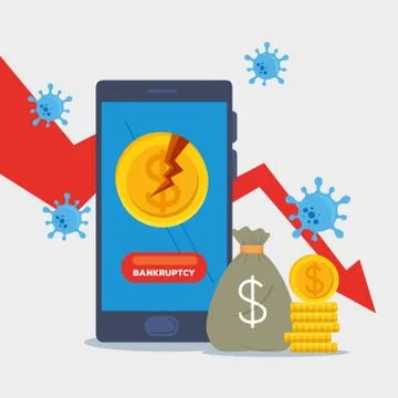 Broken coin on smartphone and decrease arrow of bankruptcy vector design 库存插图