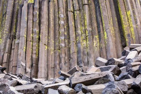 Broken column in perfect hexagonal shape at the base of the Devils Postpile b Stock Photos