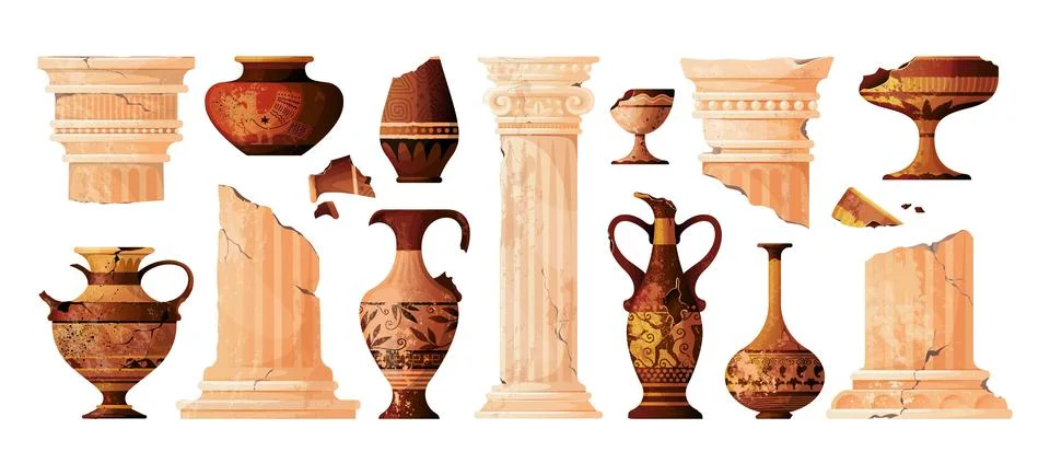 Broken column set. Roman pillar, ancient vase and greek historic objects. Greece Stockillustratie