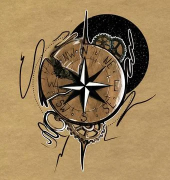 Broken compass. Black and white freehand drawing on yellow paper. Stock Illustration