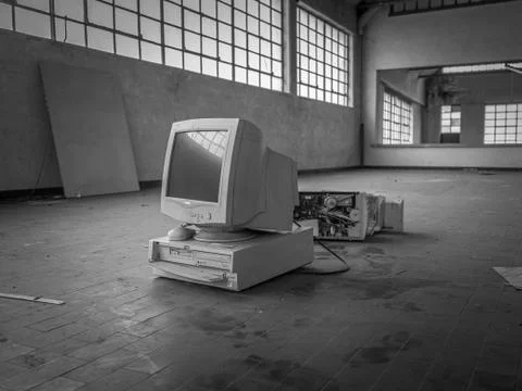 Broken computer abandoned black and white Stock Photos