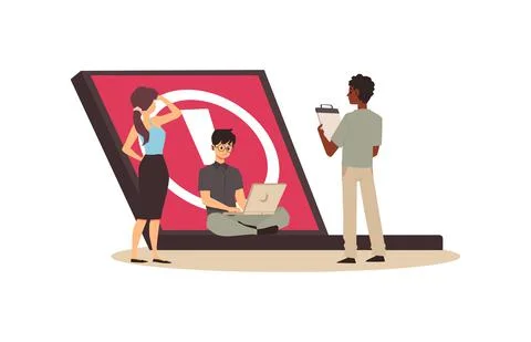 Broken computer is getting fixed by Black and Asian men who work as technicians Stock Illustration