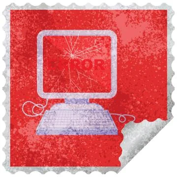 Broken computer graphic vector illustration square sticker stamp Stock Illustration