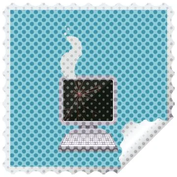 Broken computer graphic vector illustration square sticker stamp Stock Illustration
