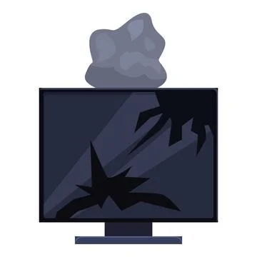 Broken computer screen with stone causing damage displaying cracks and smoke 스톡 일러스트