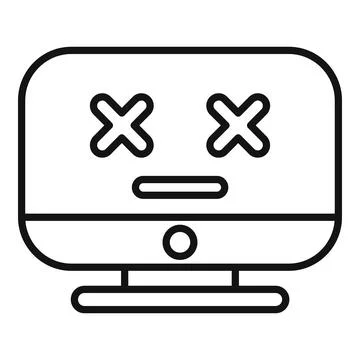 Broken computer showing cross eyed face with straight line for mouth Illustrazione stock