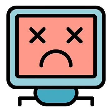 Broken computer showing sad face on screen icon Stock Illustration