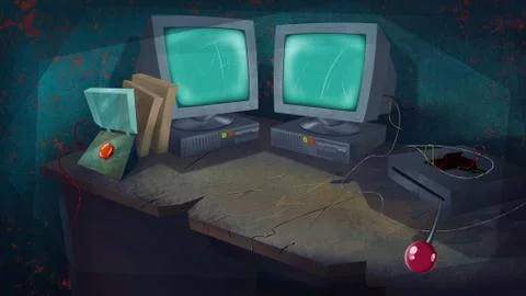 Broken Computers and a Red Button on a Table. Illustrazione stock