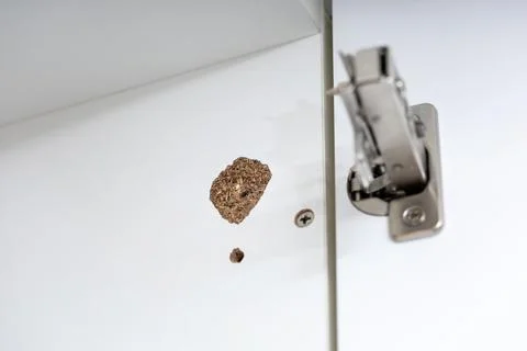 Broken concealed hinge on cabinet door, furniture fitting hardware Foto stock