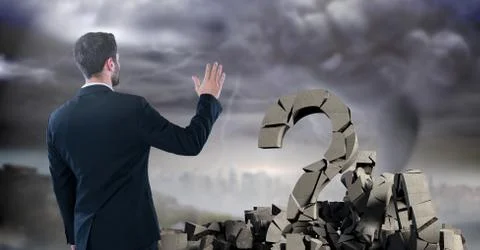 Broken concrete stone with Question symbol and businessman in cityscape 스톡 사진