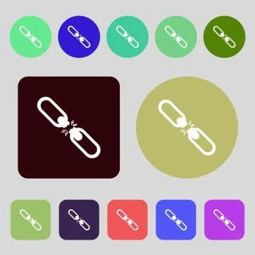 Broken connection flat single icon. 12 colored buttons. Flat design. Vector Stock Illustration