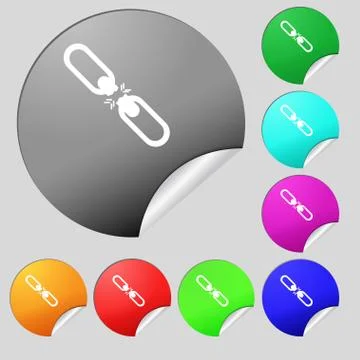 Broken connection flat single icon. Set of eight multi colored round buttons, Stock Illustration