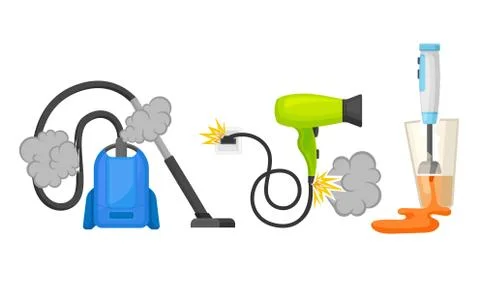Broken Consumer Electronics with Burnt Vacuum Cleaner and Hair Dryer Vector Set Stock Illustration