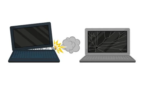Broken Consumer Electronics with Cracked and Burnt Laptop Vector Set Stock Illustration