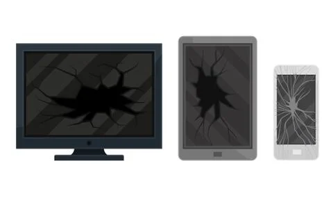 Broken Consumer Electronics with Cracked Television Screen and Smartphone Vector Stock Illustration