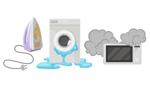 Broken Consumer Electronics with Washing Machine and Microwave Oven Vector Set Stock Illustration