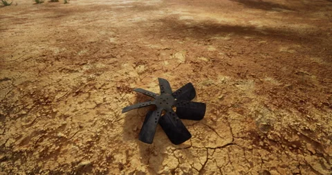 Broken cooling fan lying on cracked ground in a desolate area Stock Footage 306797672