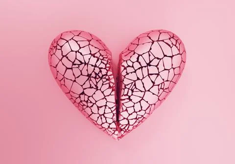Broken cracked heart of classic shape on pink background, stop loving concept Stock Illustration