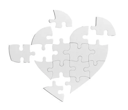 Broken cracked heart puzzle with missing lacking pieces isolated on white b.. Foto stock
