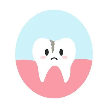 Broken cracked tooth in cartoon flat style. Vector illustration of disgruntled Stock Illustration