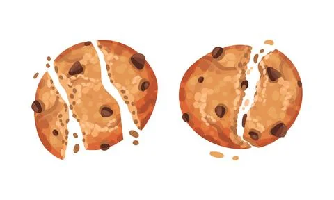Broken crispy biscuits set. Oatmeal cookies with chocolate chips vector Stock Illustration