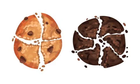 Broken crispy cookies set. Biscuits with chocolate chips and cocoa vector Illustrazione stock