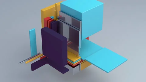 Broken cube. Glass, metallic, plastic rectangles. Abstract animation, 3d render. Stock Footage 241505060