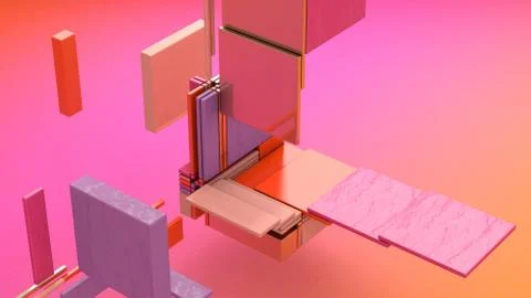 Broken cube. Glass, metallic, plastic rectangles. 3d rendering. Stock Illustration